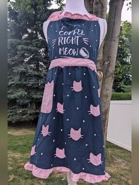 Pantry Apron Kitchen Novelty Graphic "Coffee Right Meow" Like New OSFM Navy Pink